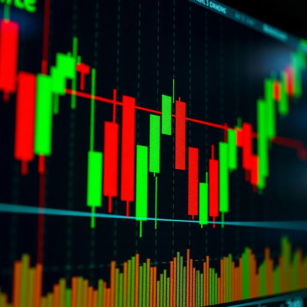 Close up of a digital screen showing green and red stock mar