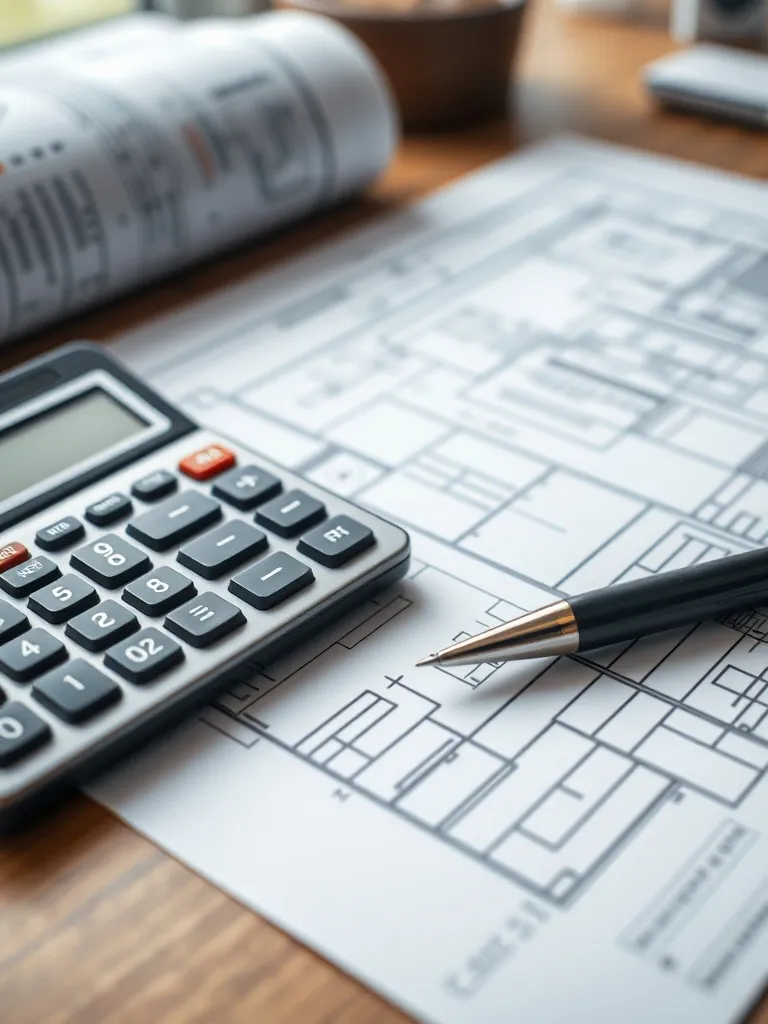 Close-up of a high-quality calculator, a pen, and architectu