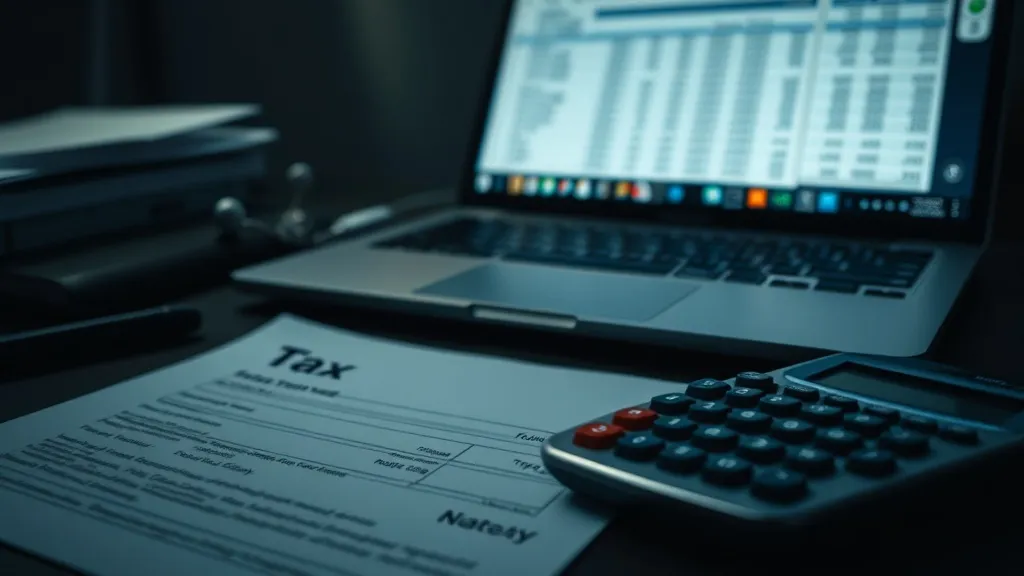 A close up of a focused workspace with a calculator, a tax d
