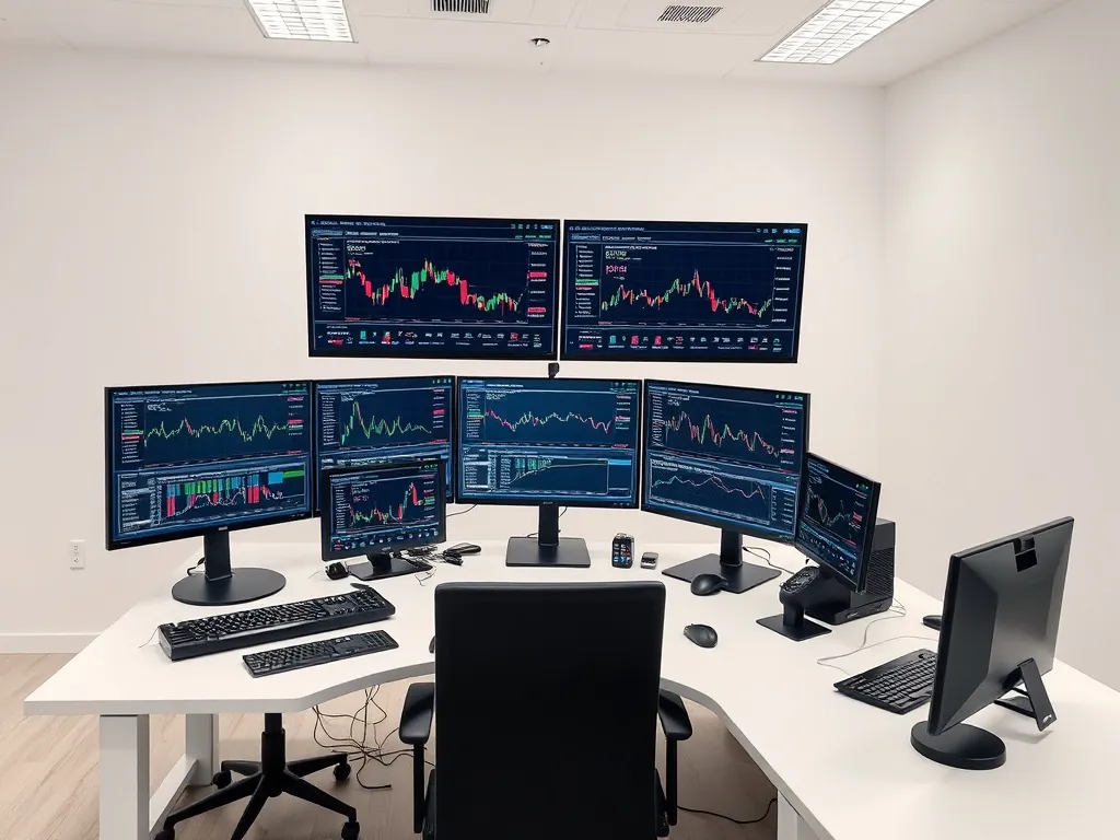 A high-tech clean trading desk with multiple monitors showin