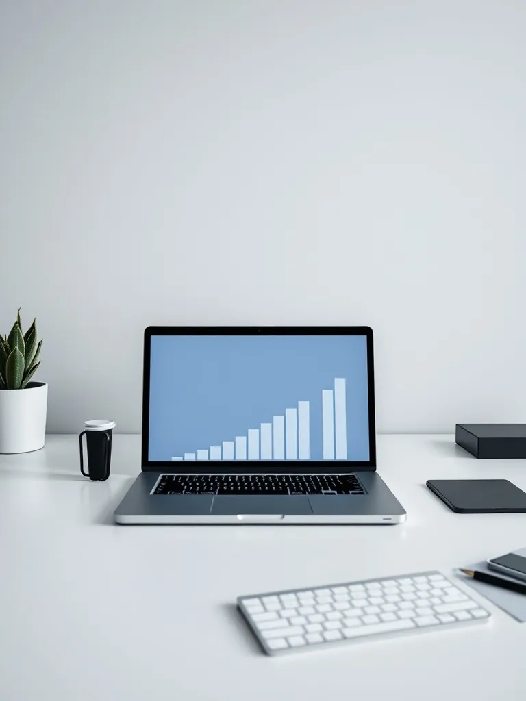 A minimalist office desk with a clean laptop screen showing